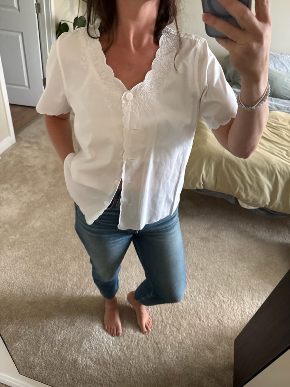Vintage Orvis White Embroidered Button Front Blouse Size Medium